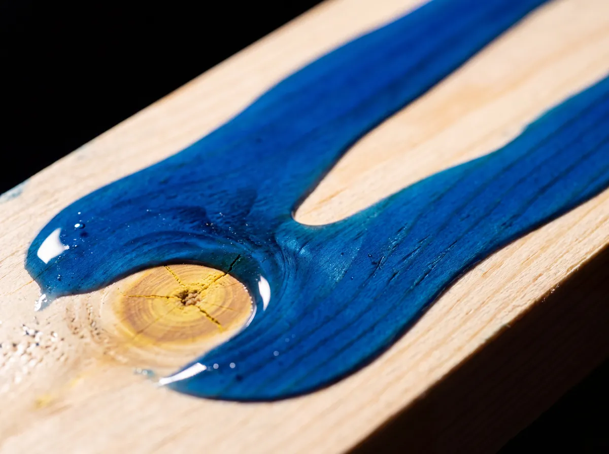 Blue water-based coating flowing around a knot in pine wood