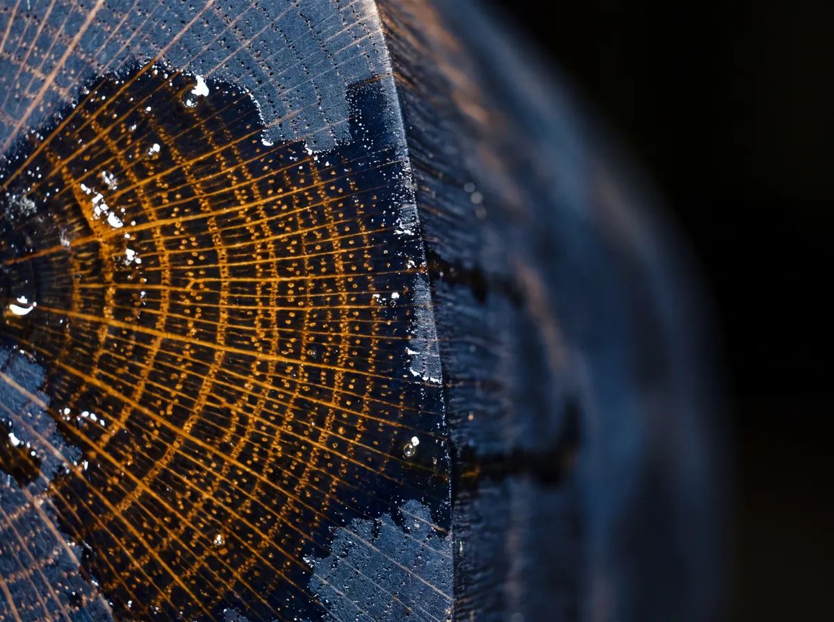 Amber coating penetrating the growth rings of a wood section