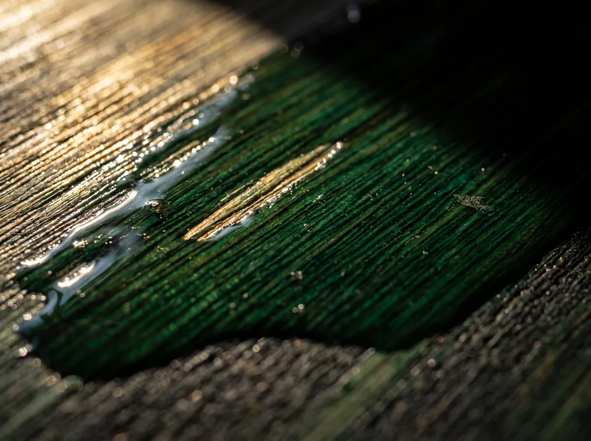 Deep green finish on brushed wood grain