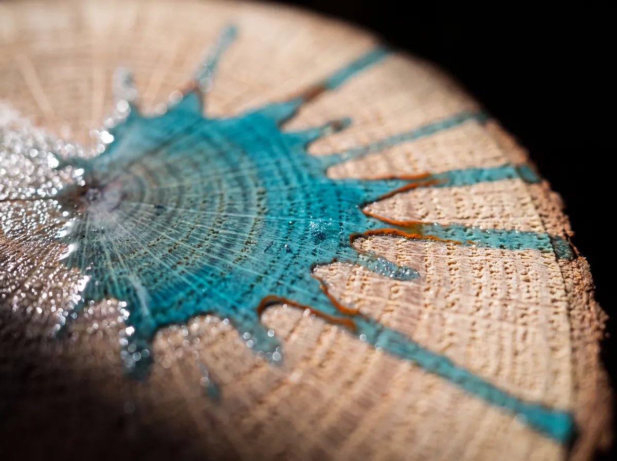 Turquoise water-based coating spreading across the end grain of a log