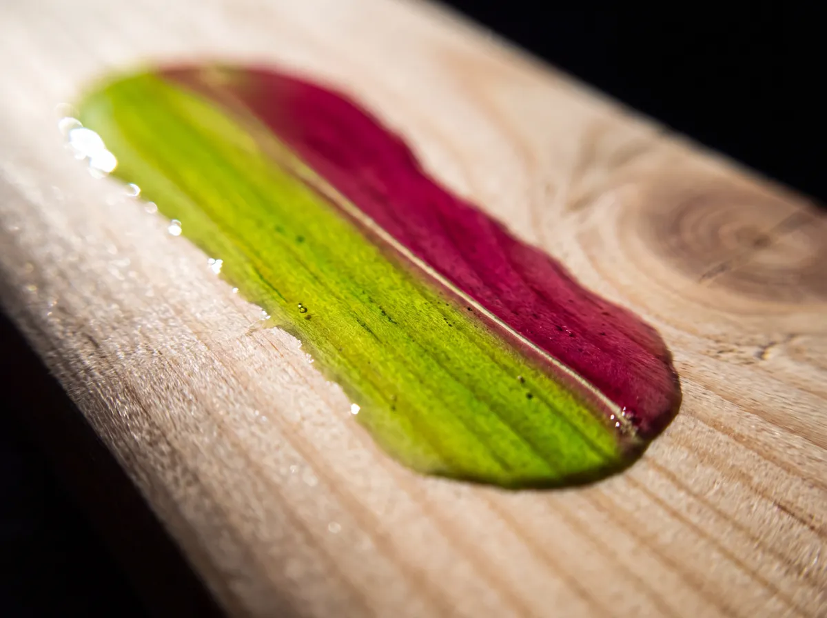 Magenta and lime coatings poured side by side on a pine board