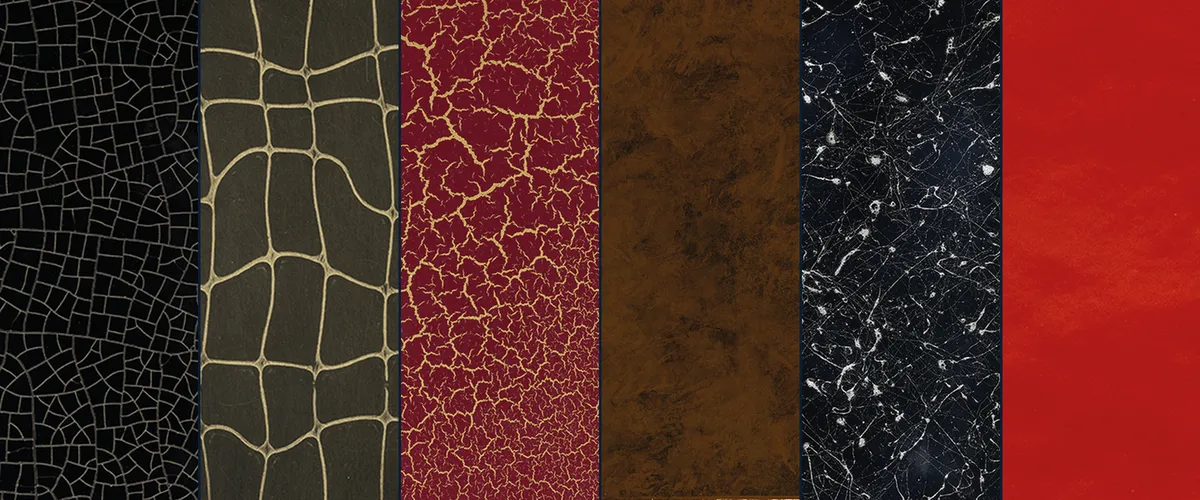 Six decorative finish samples side by side: filiform, python, cracklé, burl wood, striped and soft-touch