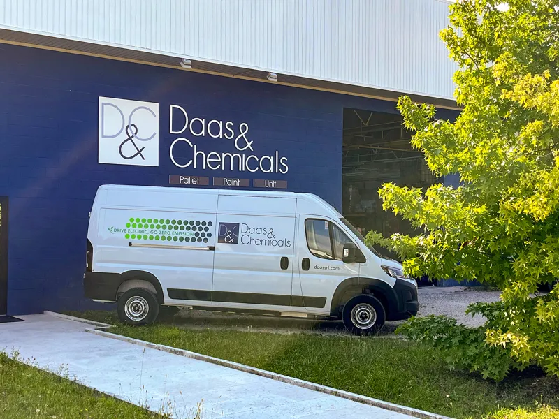 DAAS & Chemicals electric company van in front of the headquarters in Fontanafredda