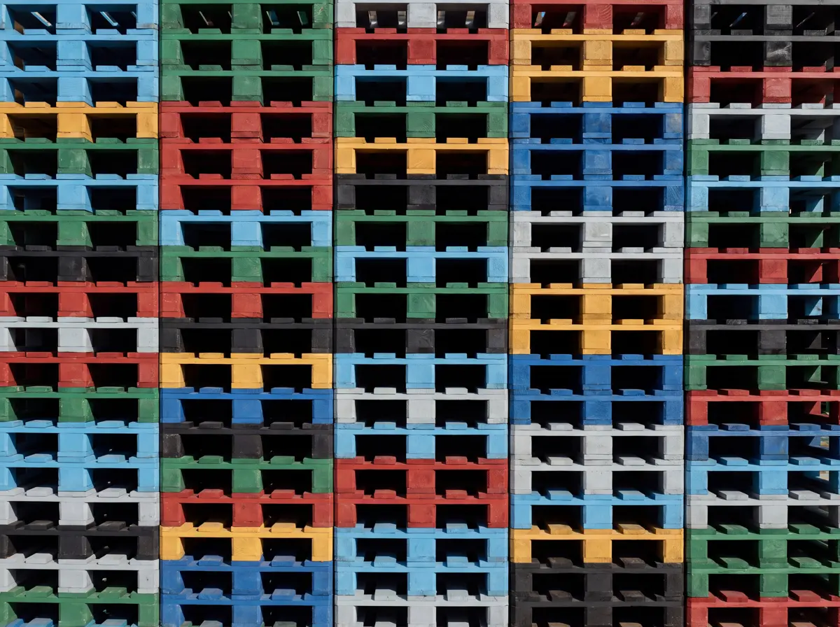 Stacks of wooden pallets coated in blue, red, green, yellow, white and black