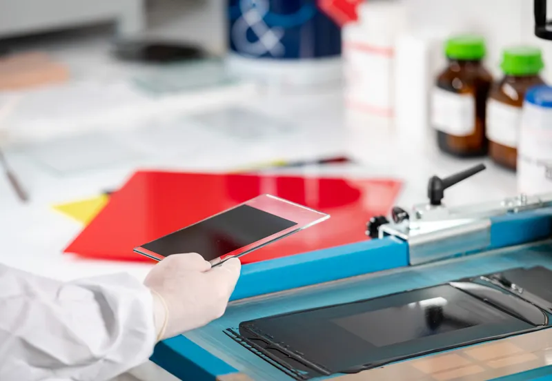 Technician applying a coating film on a glass test plate in the laboratory